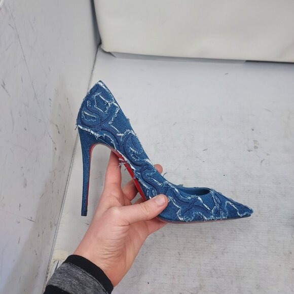 Christian Louboutin Blue Kate Toile Denim Brode Heel Shoe - Picture 3 of 11